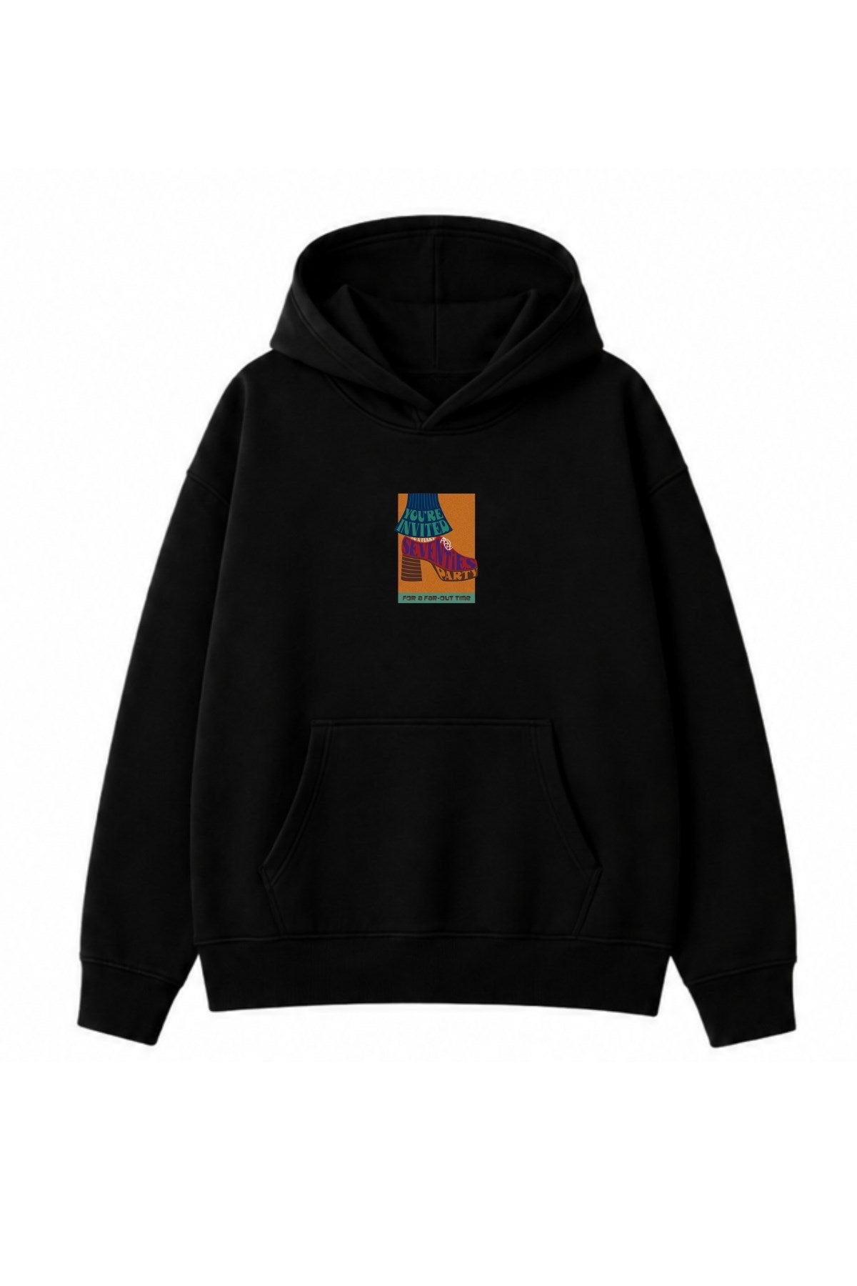 Kadın Oversize Hoodie Seventies Party Baskılı Siyah - Kapüşonlu, Kanguru Cepli, 3 İplik Polar