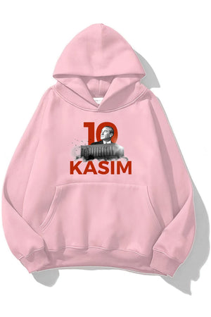 Kapüşonlu İçi Polar Kemal Atatürk 10 Kasım Baskılı Pembe Unisex Hoodie Sweatshirt