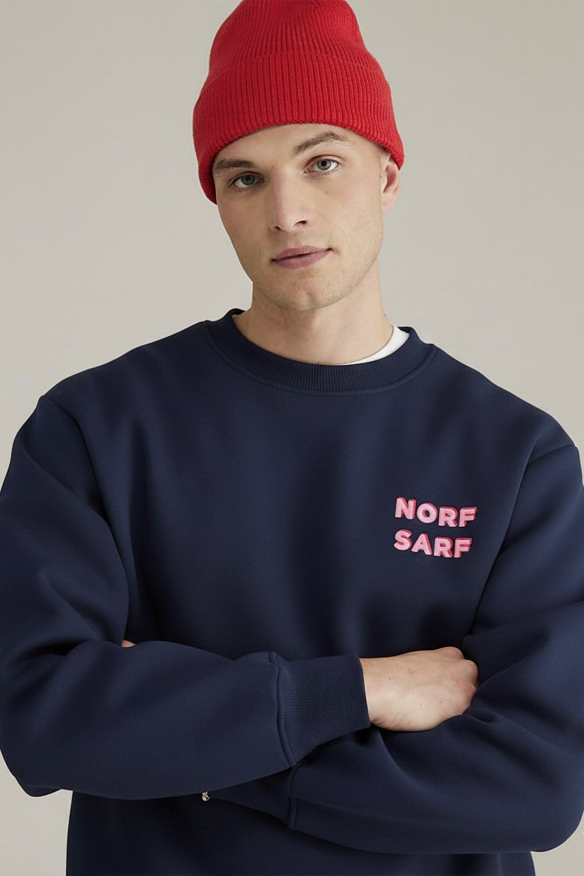 Unisex Oversize Sweatshirt Norf Sarf Harita Baskılı Lacivert – Bisiklet Yaka, 3 İplik Şardonlu Polar