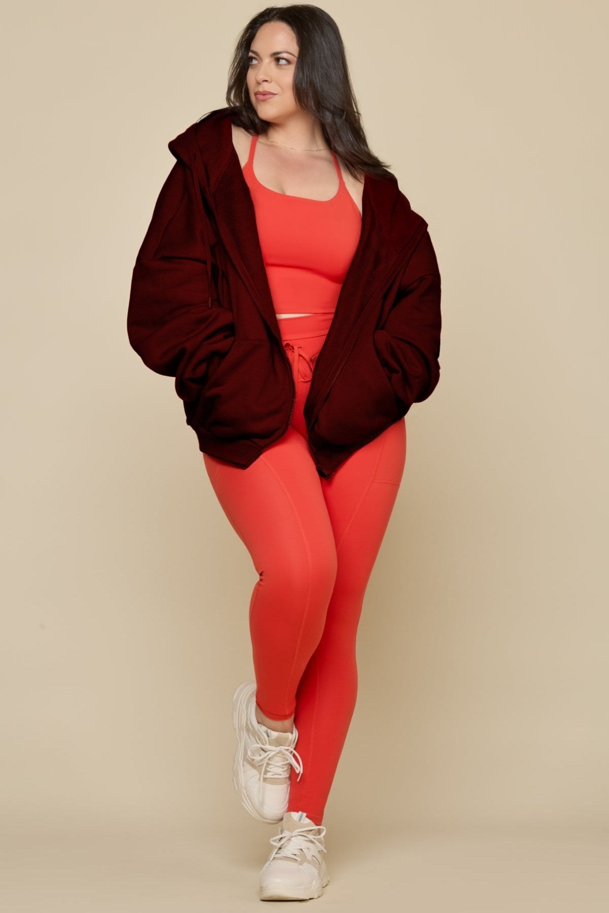 Kadın Fermuarlı Bordo Kapüşonlu Sweatshirt 3 İplik Şardonlu Kumaş Oversize Kesim