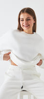 Unisex Oversize Sweatshirt Basic Beyaz – Bisiklet Yaka, 3 İplik Şardonlu Polar