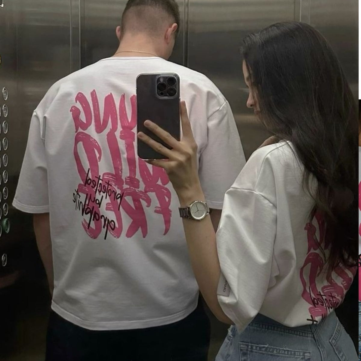 Unisex Oversize Tişört V-Love Baskılı Beyaz – Bisiklet Yaka, Sevgililer Günü, Couple, Hediye