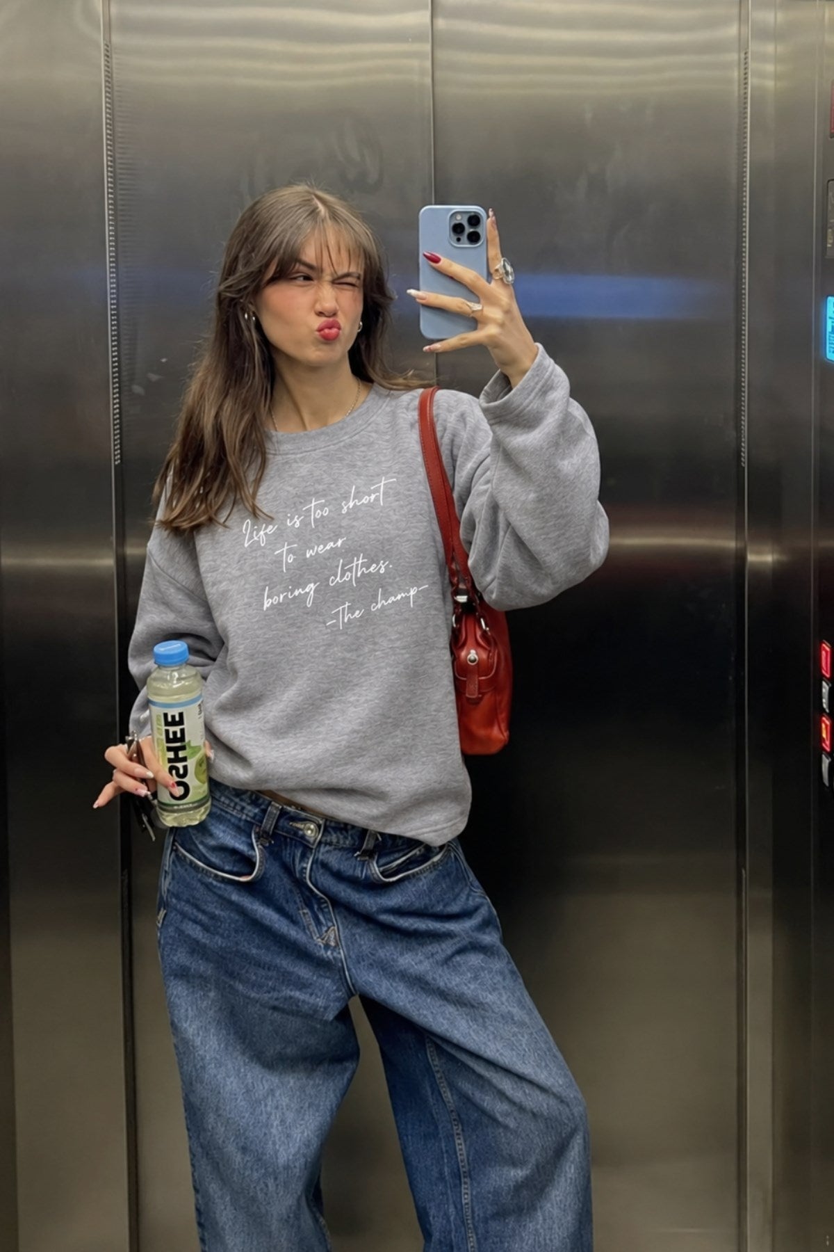 Kadın Relaxed Fit Sweatshirt Life Is Too Short Baskılı Gri Melanj – Bisiklet Yaka, 3 İplik Şardonsuz