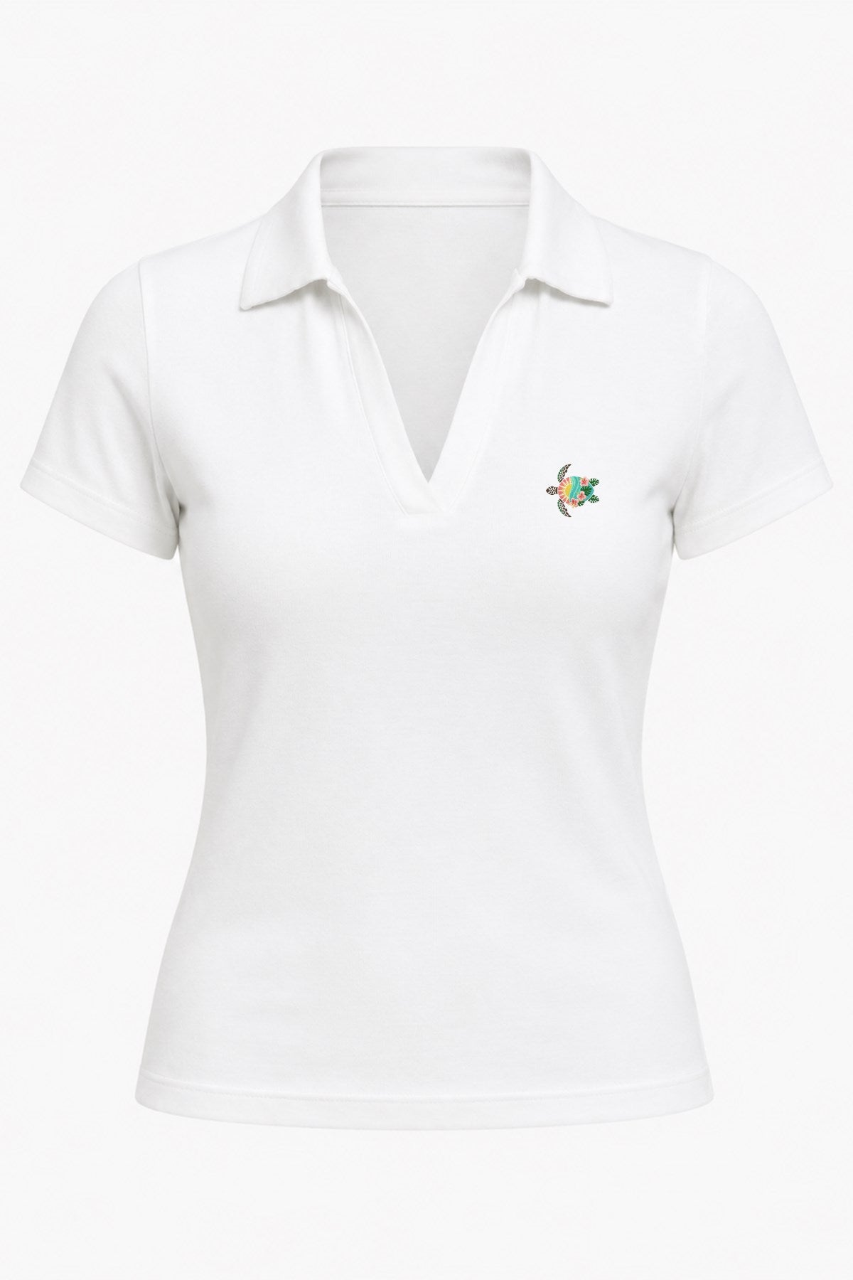 Kadın Tropica Turtle Polo Yaka Basic Tişört Beyaz – %100 Pamuk, Kısa Kollu, Likralı Rahat Kalıp Bluz