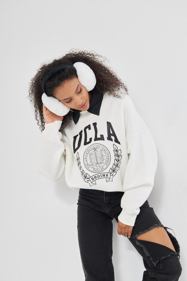 Ucla Yazı Baskılı Bisiklet Yaka İçi Polar Oversize Kesim Unisex Beyaz Sweatshirt