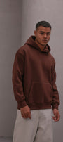 Erkek Oversize Sweatshirt Hoodie CHMP Yazlı Baskılı Kahverengi – Kapüşonlu, 3 İplik , Kanguru Cepli