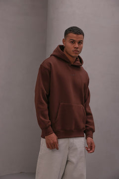 Erkek Oversize Sweatshirt Hoodie CHMP Yazlı Baskılı Kahverengi – Kapüşonlu, 3 İplik , Kanguru Cepli