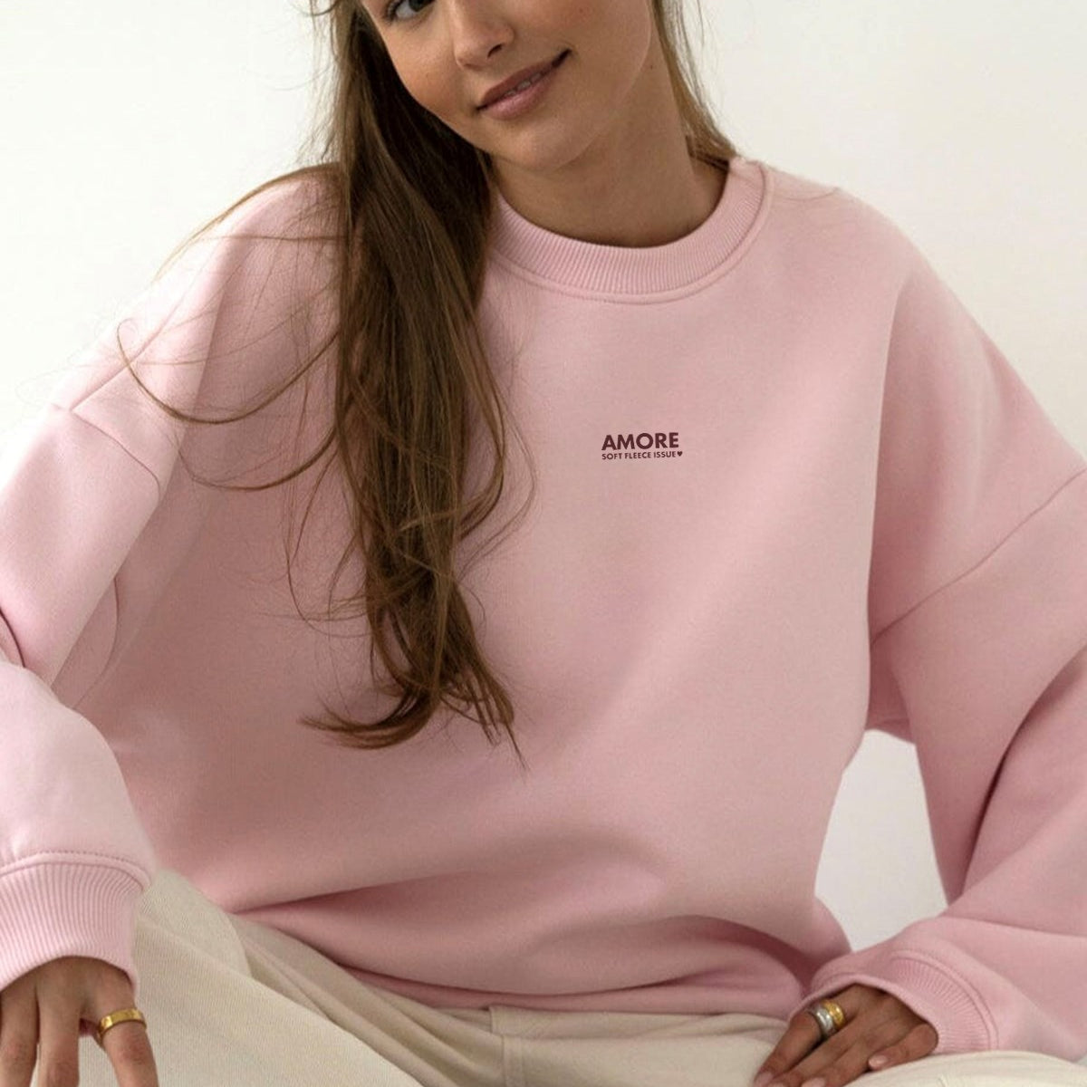 Kadın Oversize Sweatshirt AMORE Pembe – Bisiklet Yaka, 3 İplik Şardounlu Polar