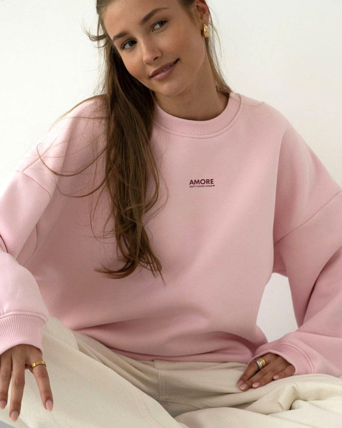 Kadın Oversize Sweatshirt AMORE Pembe – Bisiklet Yaka, 3 İplik Şardounlu Polar