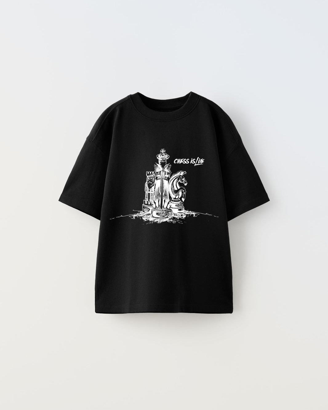 Chess is Life Yazılı Satranç Tasarım Baskılı Siyah Çocuk T-Shirt