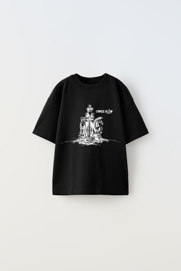 Chess is Life Yazılı Satranç Tasarım Baskılı Siyah Çocuk T-Shirt