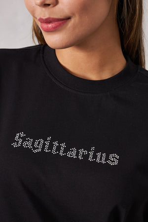 Sagittarius Yazılı Taş Baskılı Siyah Kadın T-Shirt