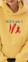 Kadın Oversize Sweatshirt Hoodie Hot & Spicy Baskılı Sarı – Kapüşonlu, 3 İplik Şardonlu Polar