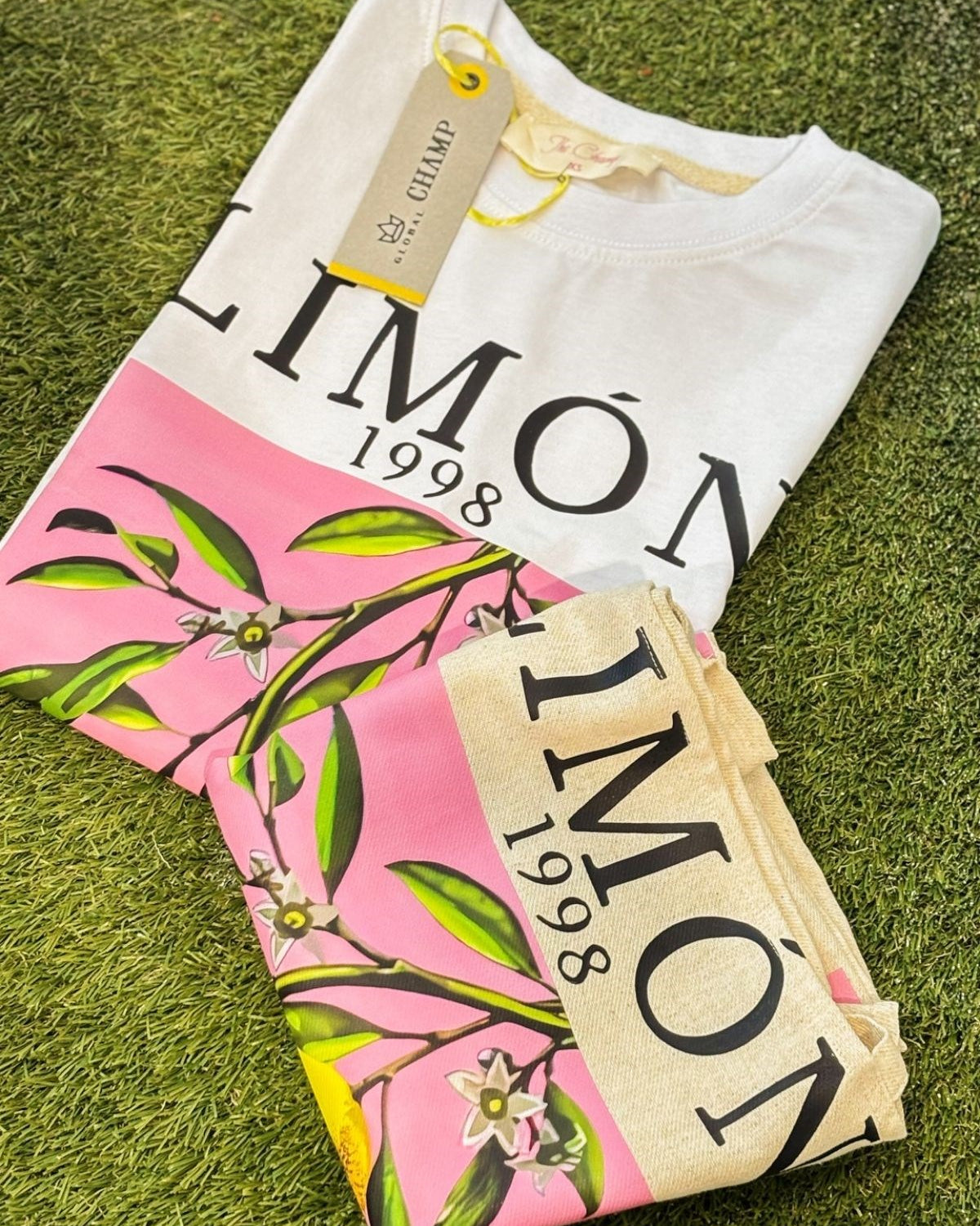 Limon Baskılı Beyaz Oversize Kadın Tişört + Bez Çanta Hediyeli Kombin Set – %100 Pamuk