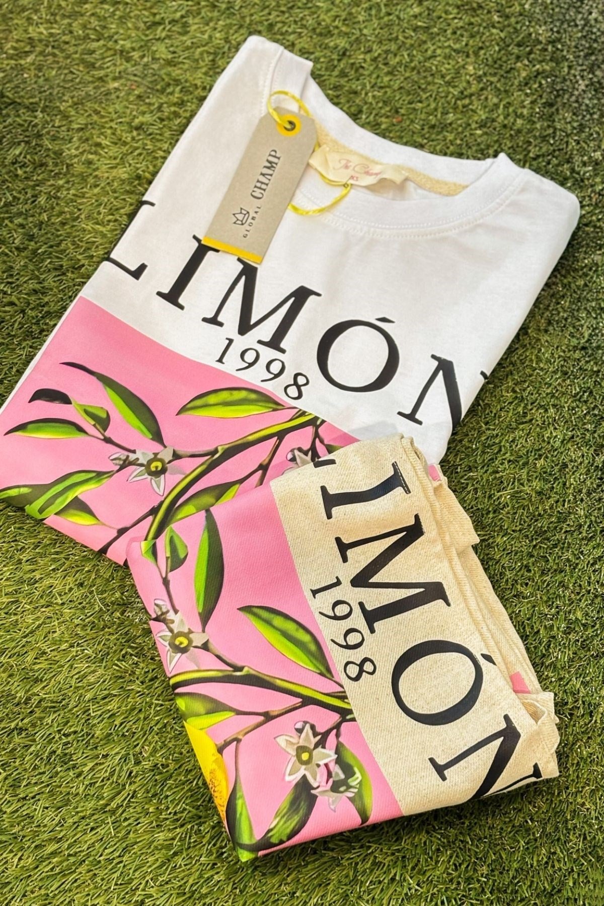 Limon Baskılı Beyaz Oversize Kadın Tişört + Bez Çanta Hediyeli Kombin Set – %100 Pamuk