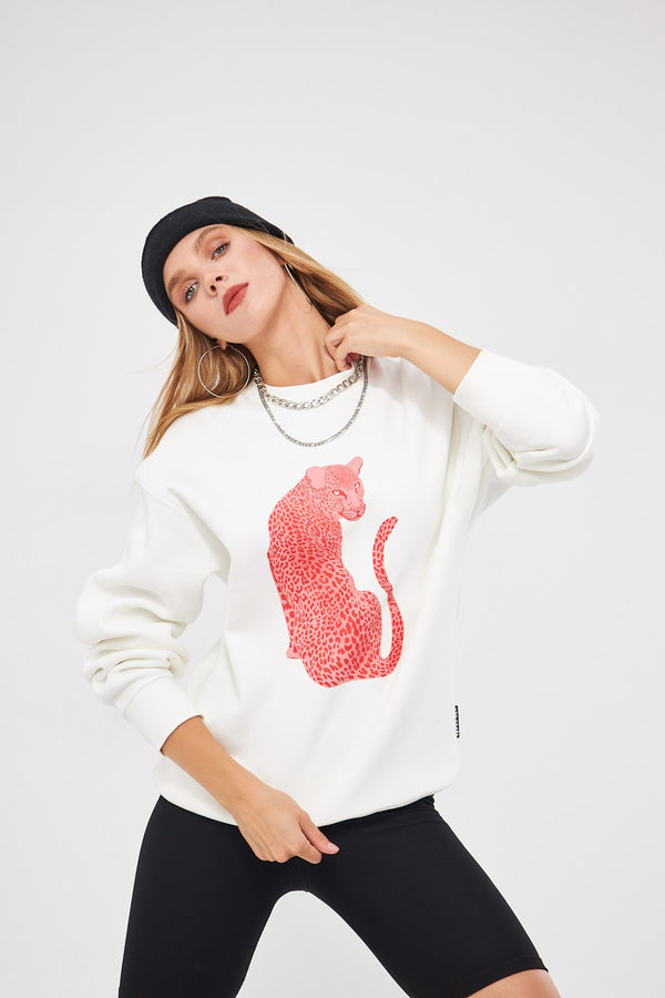 Bisiklet Yaka İçi Polar Leopar Baskılı Beyaz Oversize Sweatshirt