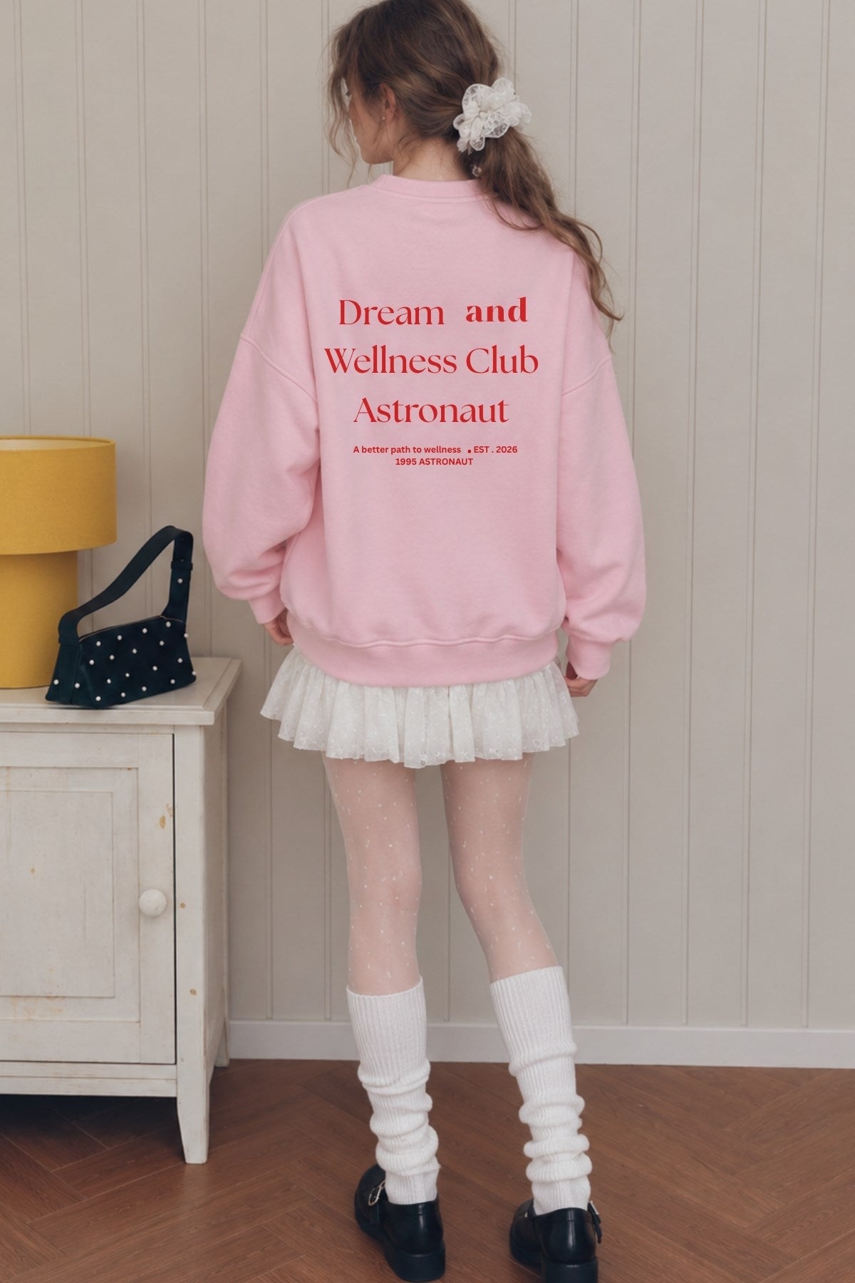Kadın Oversize Sweatshirt Wellness Baskılı Pembe – Bisiklet Yaka, 3 İplik Şardonlu Polar, Düşük Omuz