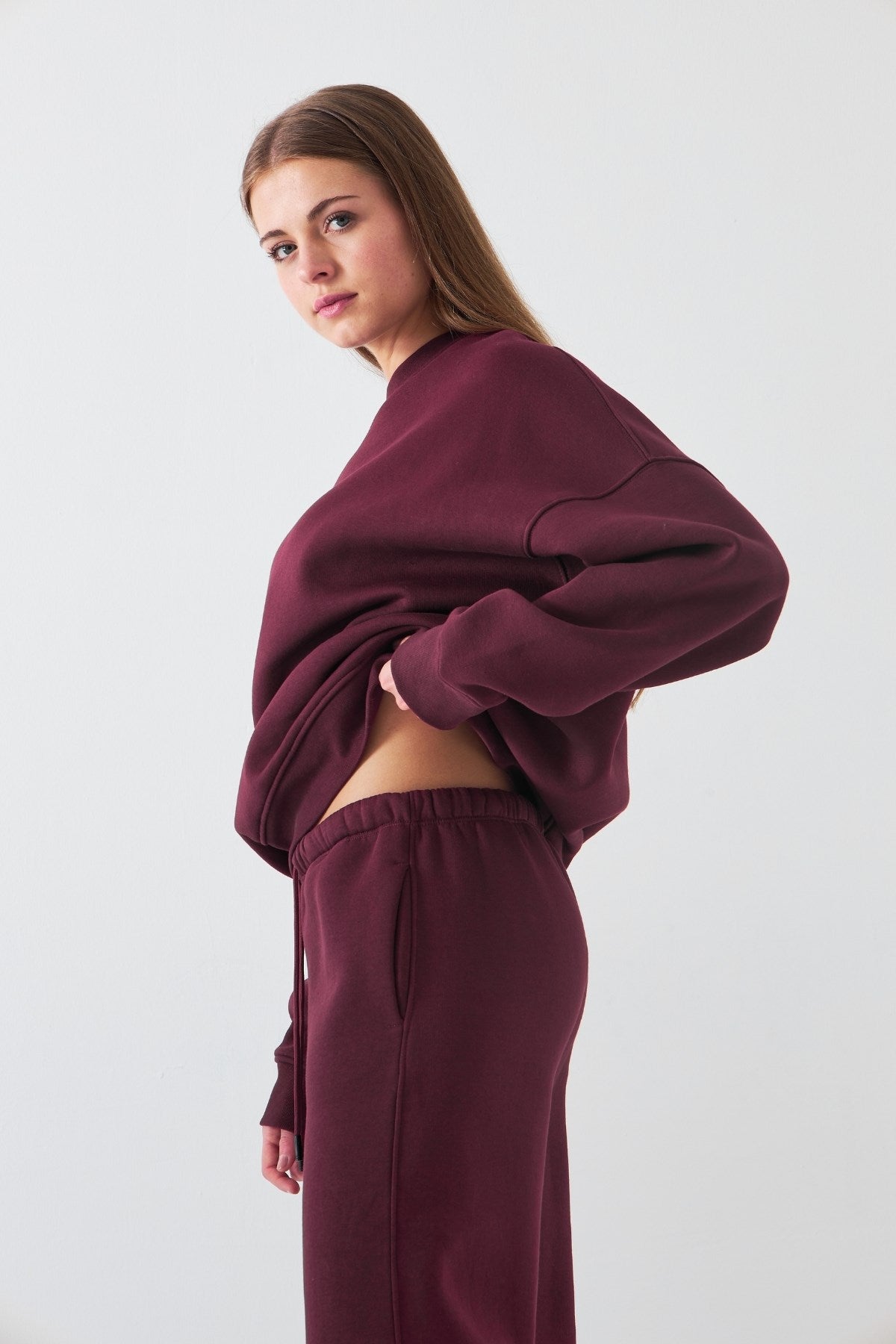 Unisex Oversize Sweatshirt Basic Bordo – Bisiklet Yaka, 3 İplik Şardonlu Polar