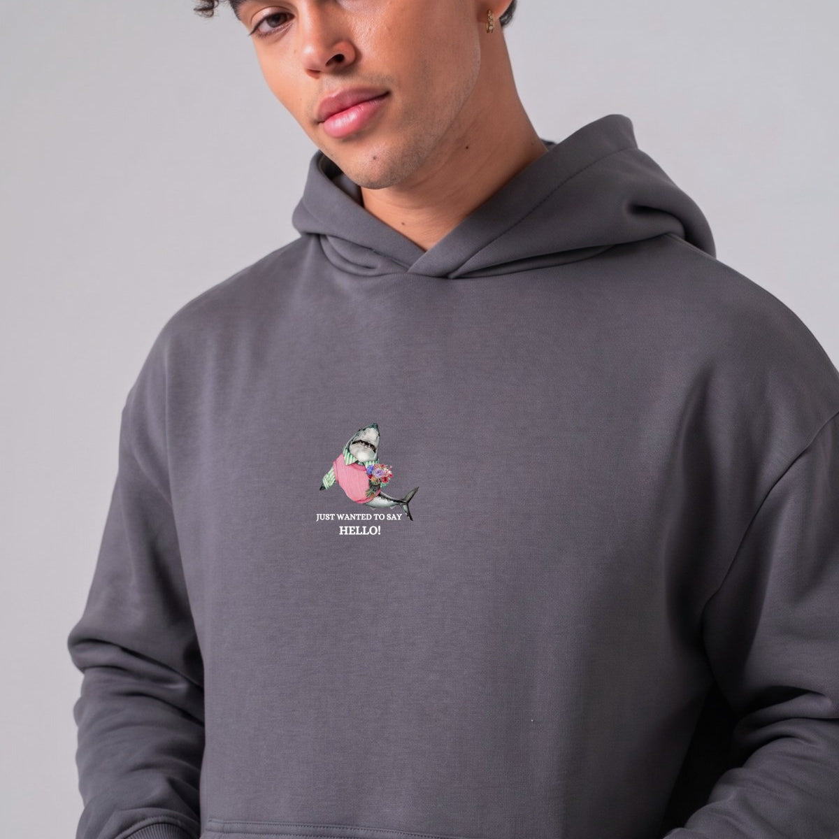 Erkek Oversize Sweatshirt Hoodie Shark Hello Füme – Kapüşonlu, 3 İplik Polar, Kanguru Cepli