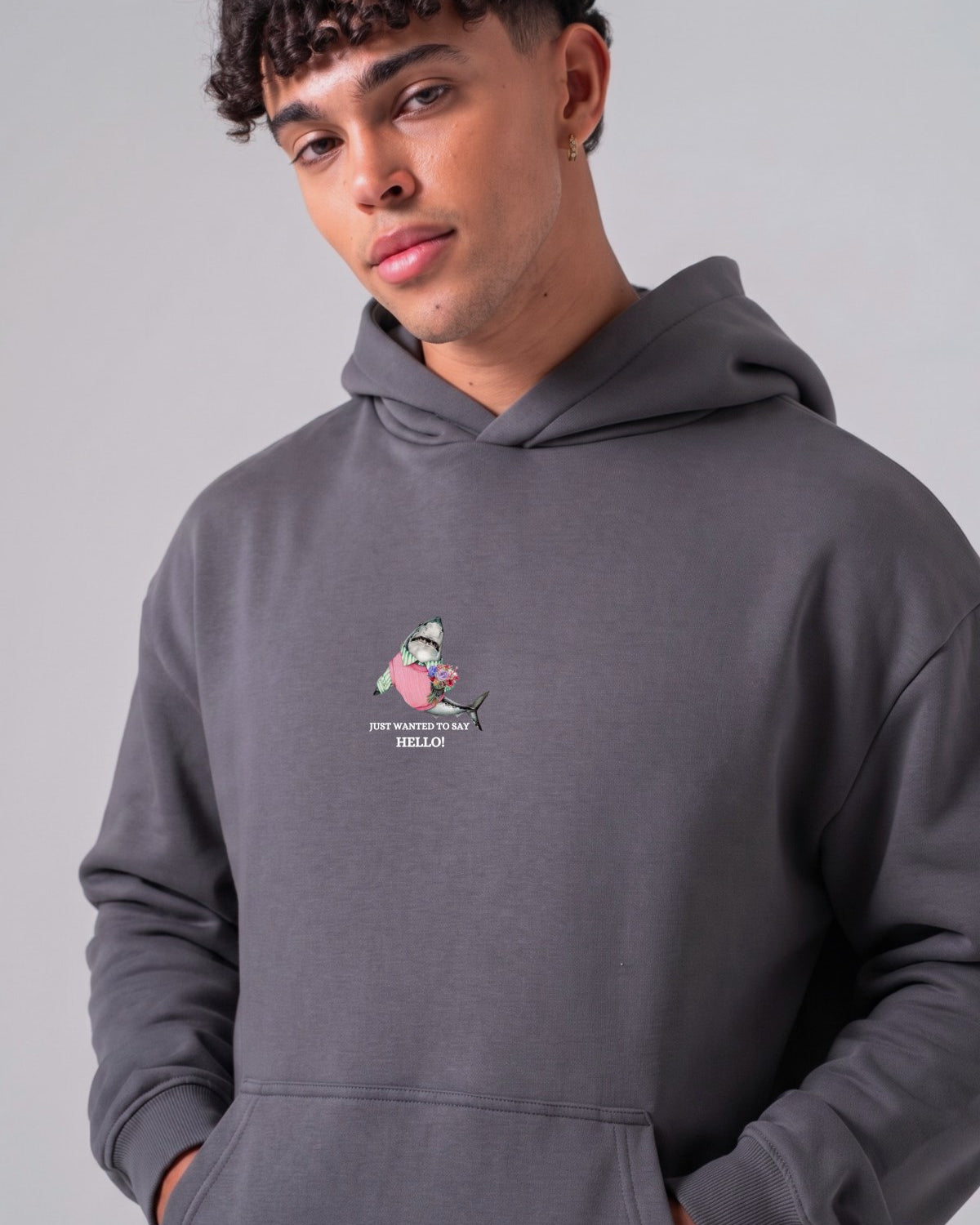 Erkek Oversize Sweatshirt Hoodie Shark Hello Füme – Kapüşonlu, 3 İplik Polar, Kanguru Cepli