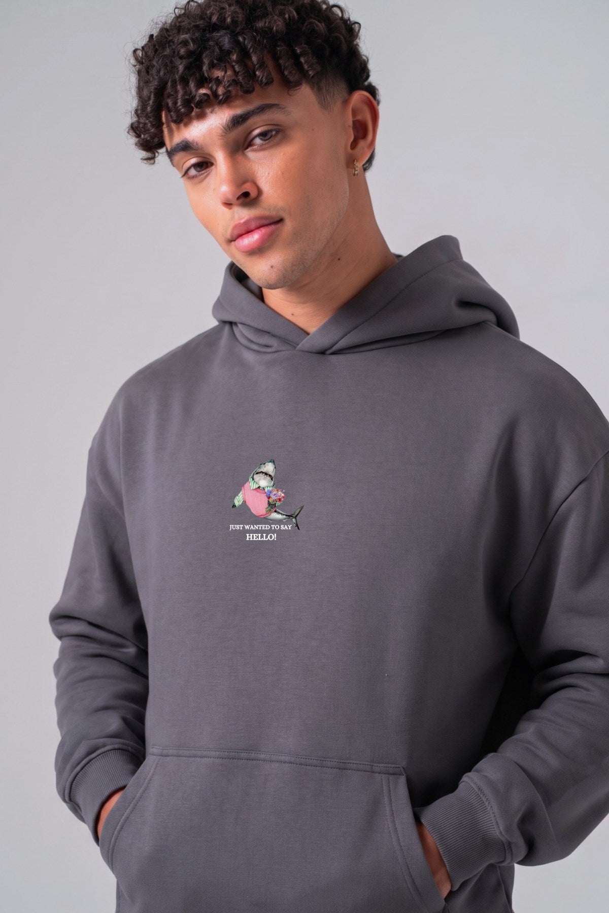 Erkek Oversize Sweatshirt Hoodie Shark Hello Füme – Kapüşonlu, 3 İplik Polar, Kanguru Cepli