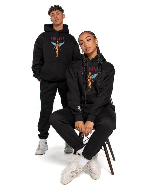 Kapüşonlu İçi Polar Nirvana Angel Baskılı Siyah Unisex Hoodie Sweatshirt