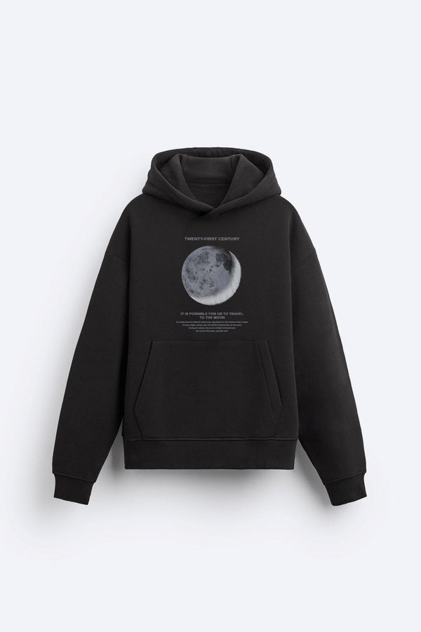 Kapüşonlu İçi Polar Moon Baskılı Siyah Unisex Hoodie Sweatshirt