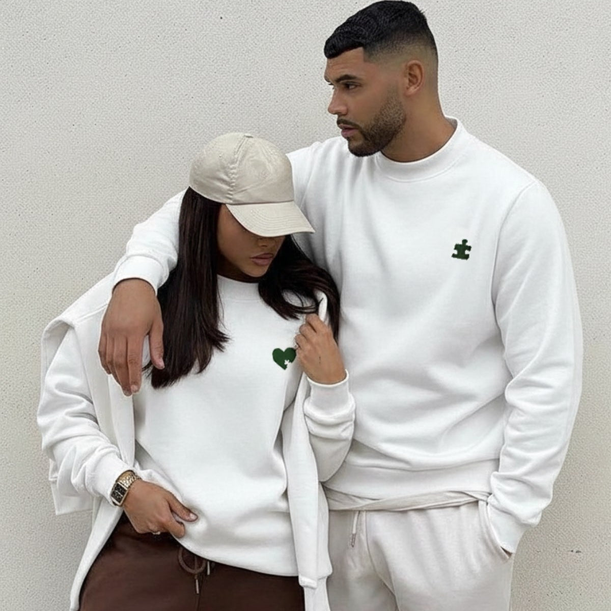 Unisex Oversize Sweatshirt Puzzle Heart Baskılı Beyaz – Bisiklet Yaka, Sevgilergünü, Couple, Hediye