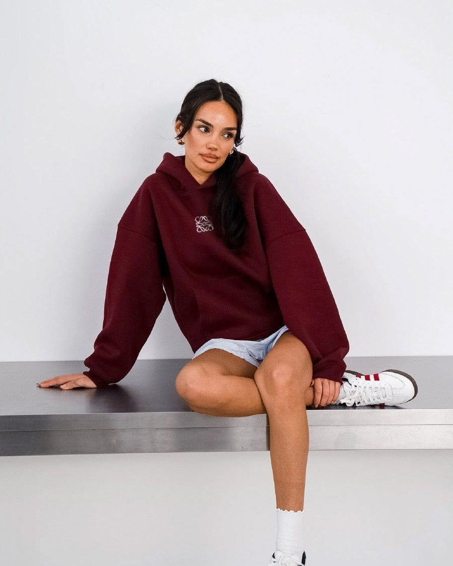 Bordo Unisex Yüksek Baskılı Kapüşonlu Kanguru Cepli Oversize Hoodie