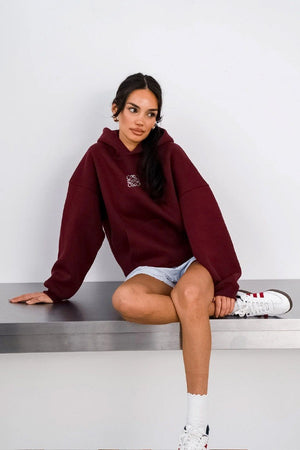 Bordo Unisex Yüksek Baskılı Kapüşonlu Kanguru Cepli Oversize Hoodie