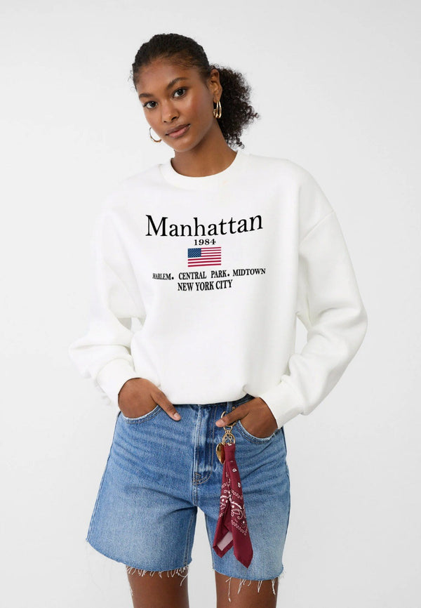 Bisiklet Yaka İçi Polar Manhattan 1984 Yazı Baskılı Beyaz Oversize Sweatshirt