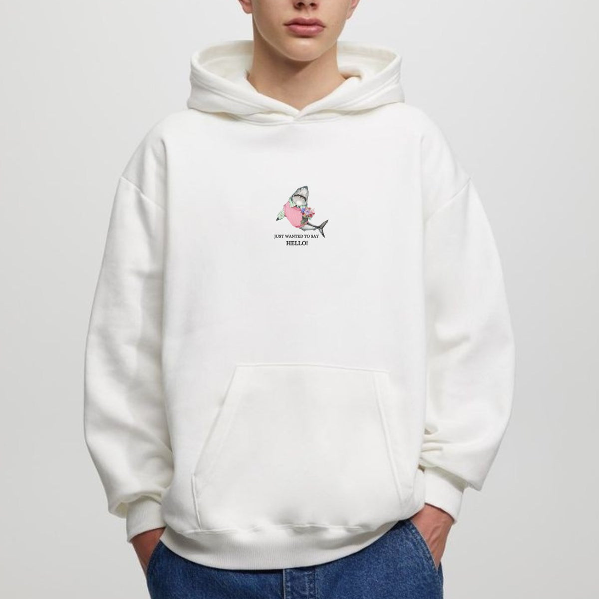 Erkek Oversize Sweatshirt Hoodie Shark Hello Beyaz – Kapüşonlu, 3 İplik Polar, Kanguru Cepli