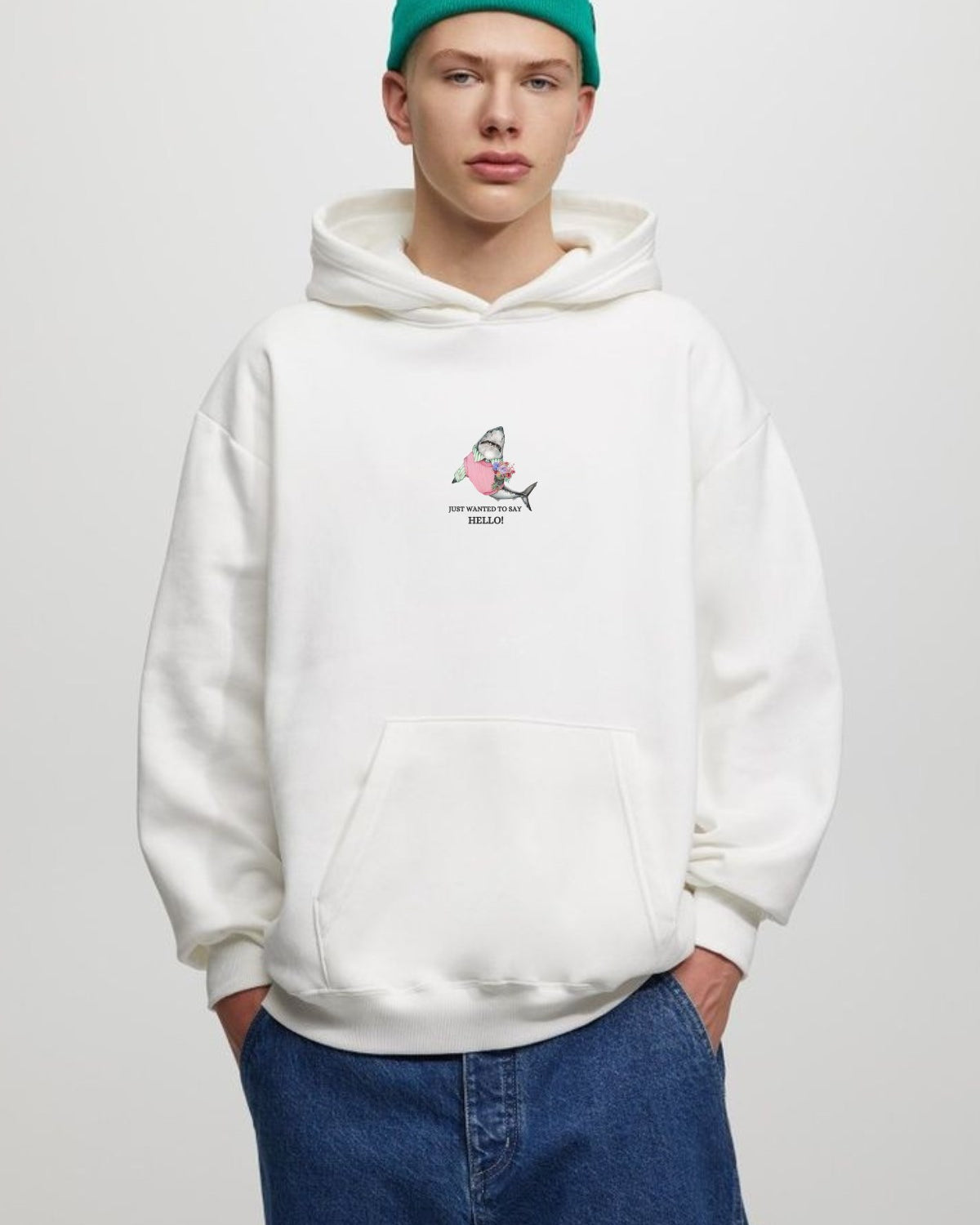 Erkek Oversize Sweatshirt Hoodie Shark Hello Beyaz – Kapüşonlu, 3 İplik Polar, Kanguru Cepli