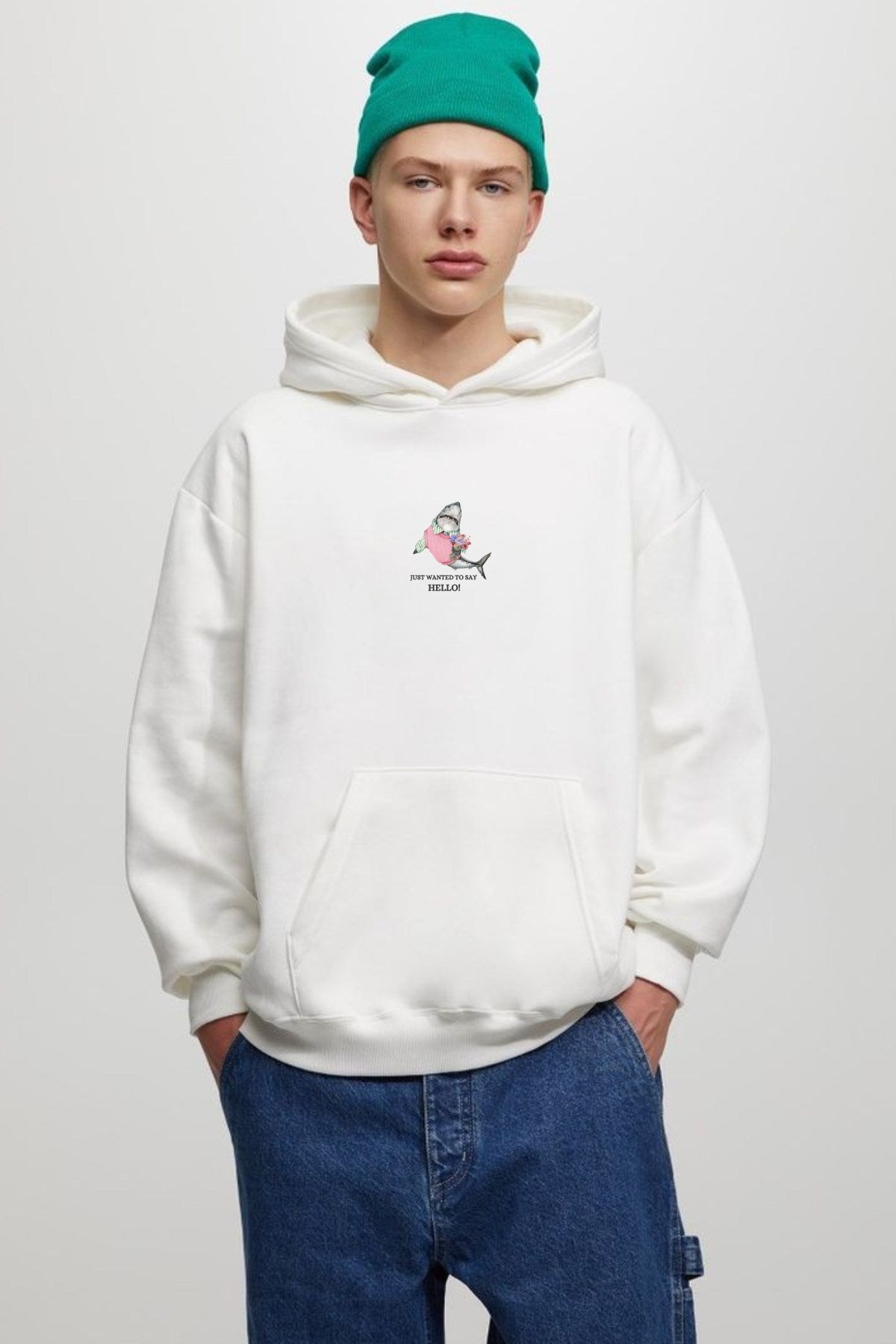 Erkek Oversize Sweatshirt Hoodie Shark Hello Beyaz – Kapüşonlu, 3 İplik Polar, Kanguru Cepli