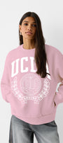 Ucla Yazı Baskılı Bisiklet Yaka İçi Polar Oversize Kesim Unisex Pembe Sweatshirt