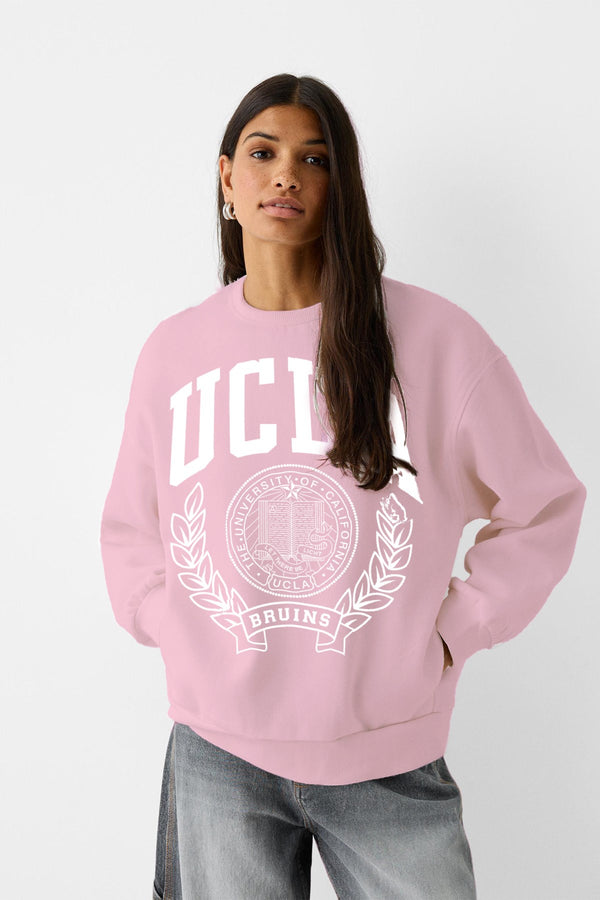 Ucla Yazı Baskılı Bisiklet Yaka İçi Polar Oversize Kesim Unisex Pembe Sweatshirt