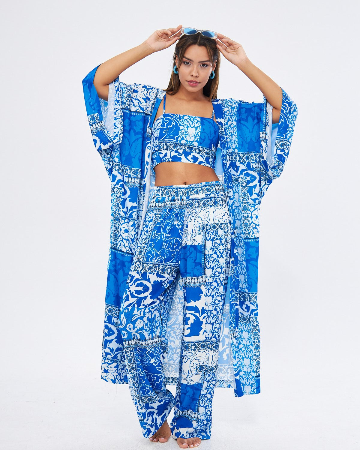 Kimono 3 Parça Büstiyerli Mavi Desenli Alt-Üst Takım (Medine İpeği)