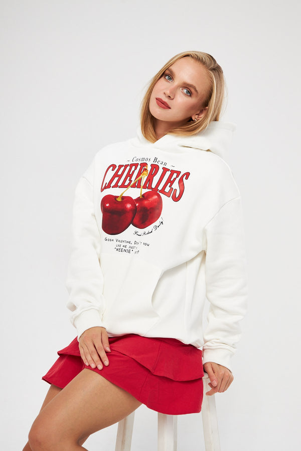 Kapüşonlu İçi Polar Cherries Yazılı Kiraz Baskılı Beyaz Oversize Hoodie Sweatshirt