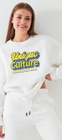 Kadın Oversize Sweatshirt Unique Culture Baskılı Beyaz – Bisiklet Yaka, 3 İplik Şardonlu Polar