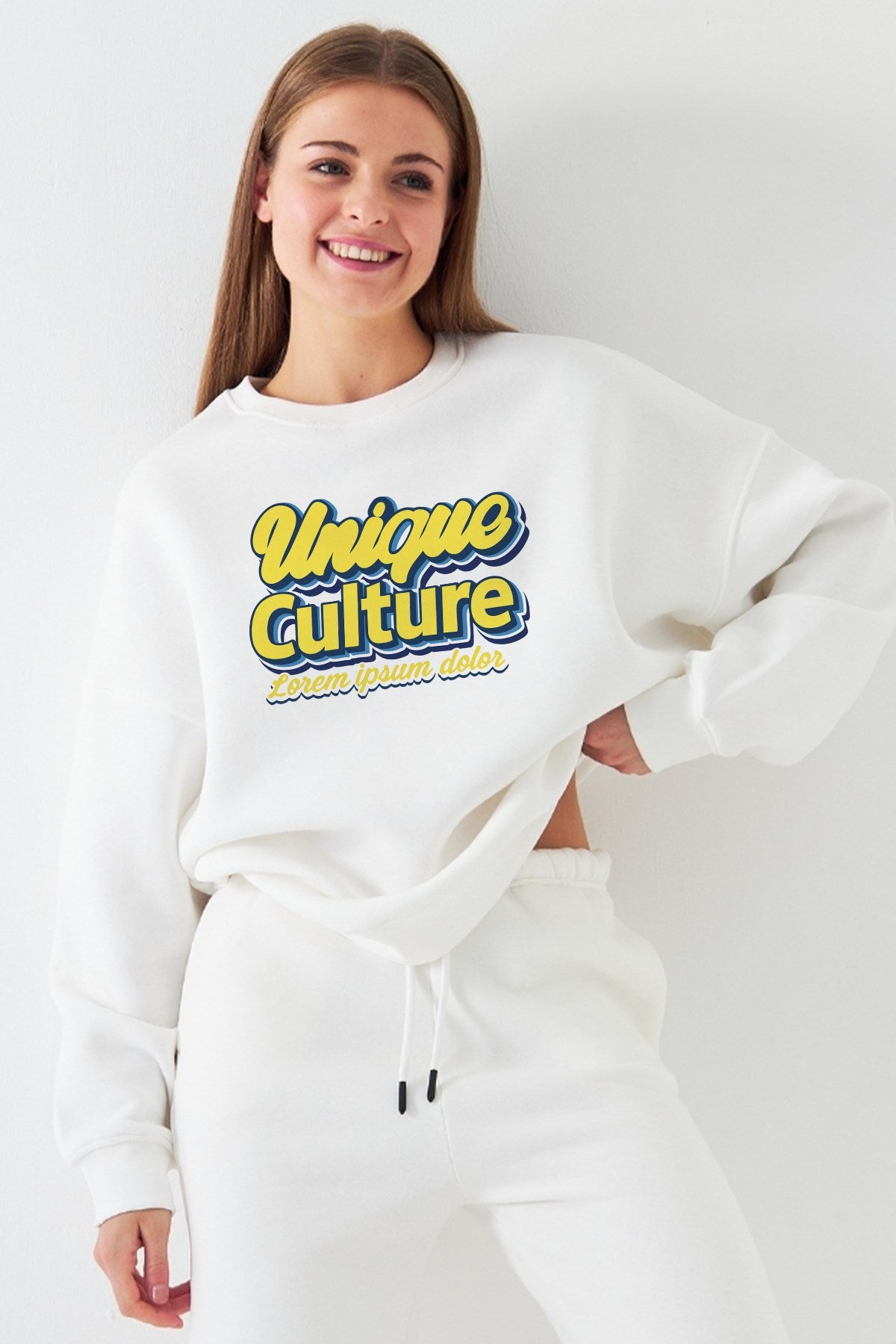 Kadın Oversize Sweatshirt Unique Culture Baskılı Beyaz – Bisiklet Yaka, 3 İplik Şardonlu Polar