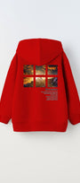 Kırmızı Kapüşonlu İçi Polar Dağ Baskılı  Unisex Çocuk Hoodie Sweatshirt