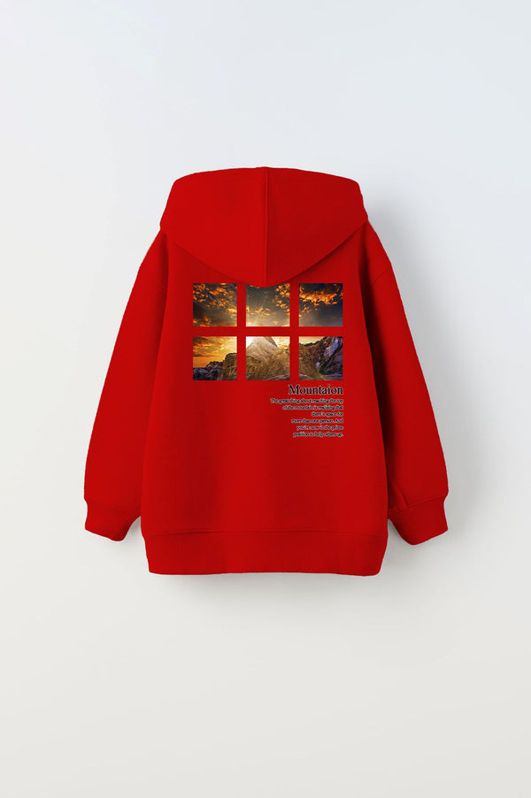 Kırmızı Kapüşonlu İçi Polar Dağ Baskılı  Unisex Çocuk Hoodie Sweatshirt