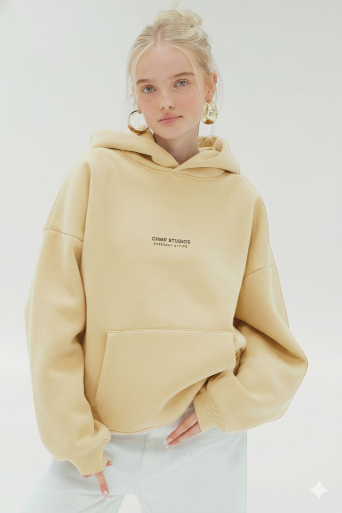 Kadın Oversize Sweatshirt Hoodie CHMP SUDIOS Sarı – Kapüşonlu, 3 İplik , Kanguru Cepli