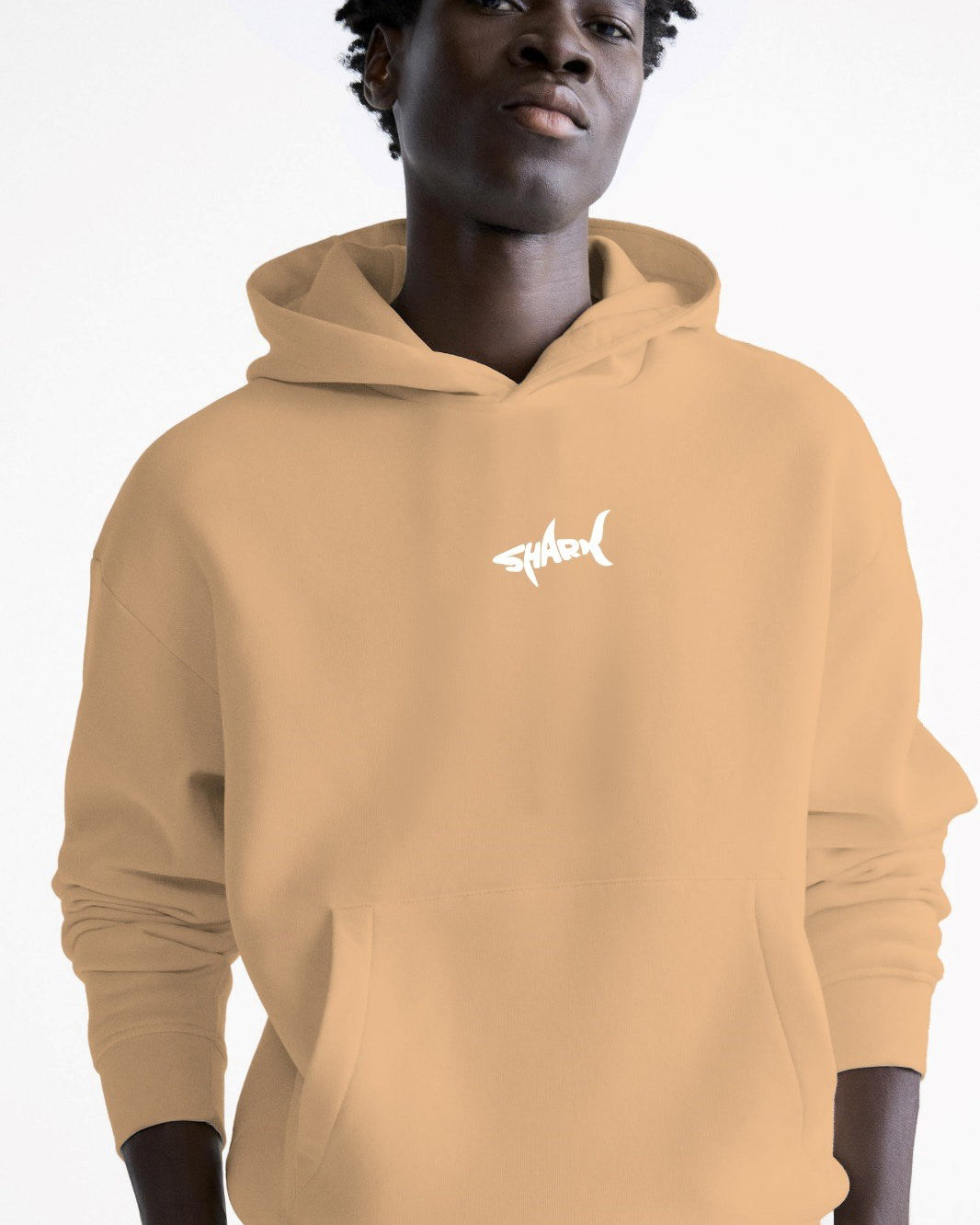 Kapüşonlu İçi Polar Shark Baskılı Bej Oversize Hoodie Sweatshirt