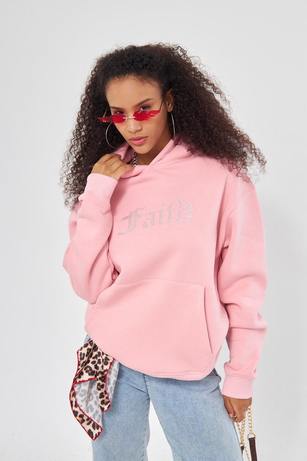 Faith Yazılı Taş Baskılı Kapüşonlu İçi Polar Oversize Pembe Sweatshirt