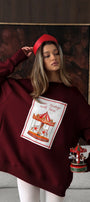 Kadın Oversize Sweatshirt Elbise Carousel Love Baskılı Bordo – Bisiklet Yaka, 3 İplik Şardonlu Polar
