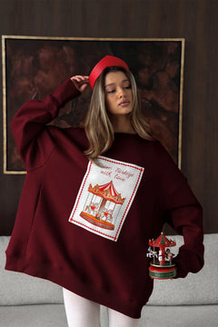 Kadın Oversize Sweatshirt Elbise Carousel Love Baskılı Bordo – Bisiklet Yaka, 3 İplik Şardonlu Polar