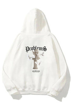 Kapüşonlu İçi Polar Problems Yazılı Heykel Baskılı Beyaz Unisex Hoodie Sweatshirt