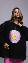 Kadın Oversize Sweatshirt Elbise Cute Ördek Baskılı Siyah – Bisiklet Yaka, 3 İplik Şardonlu Polar