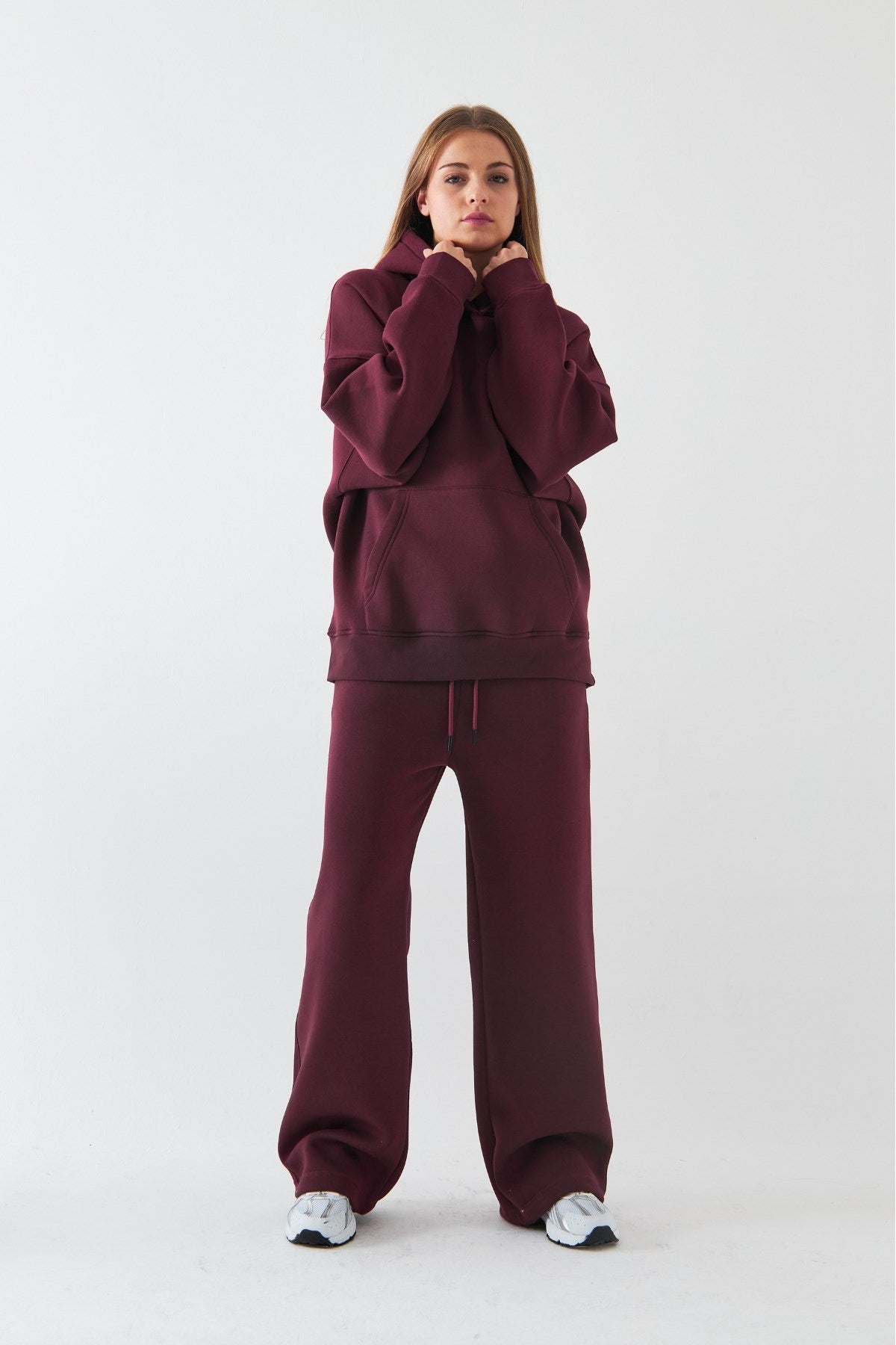 Oversize Unisex Sweatshirt Hoodie Bordo – Kapüşonlu, 3 İplik Şardonlu Polar, Kanguru Cepli, Basic